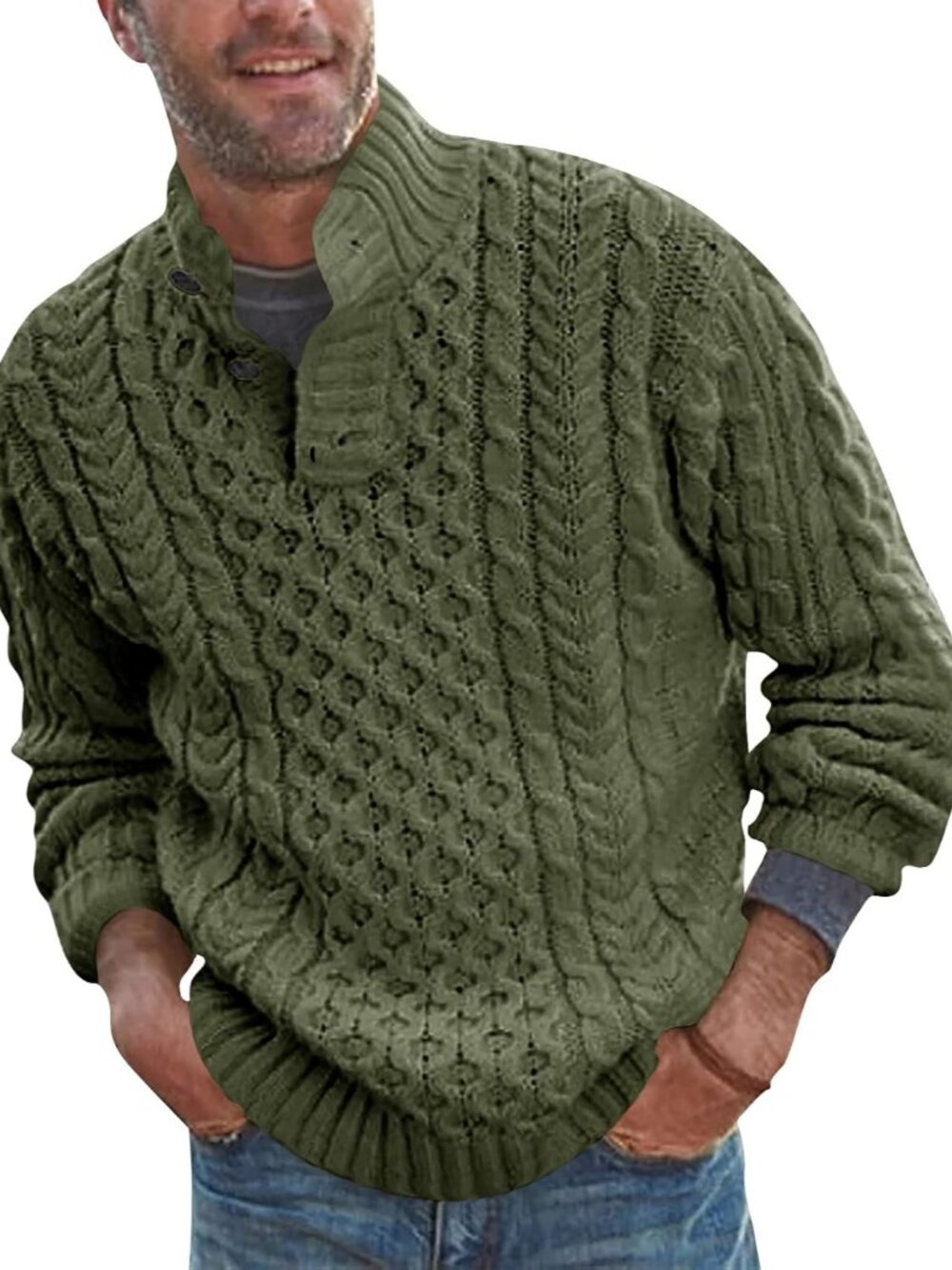 Mens Stand Collar Pullover Sweater Cable Knitted Chunky Sweaters